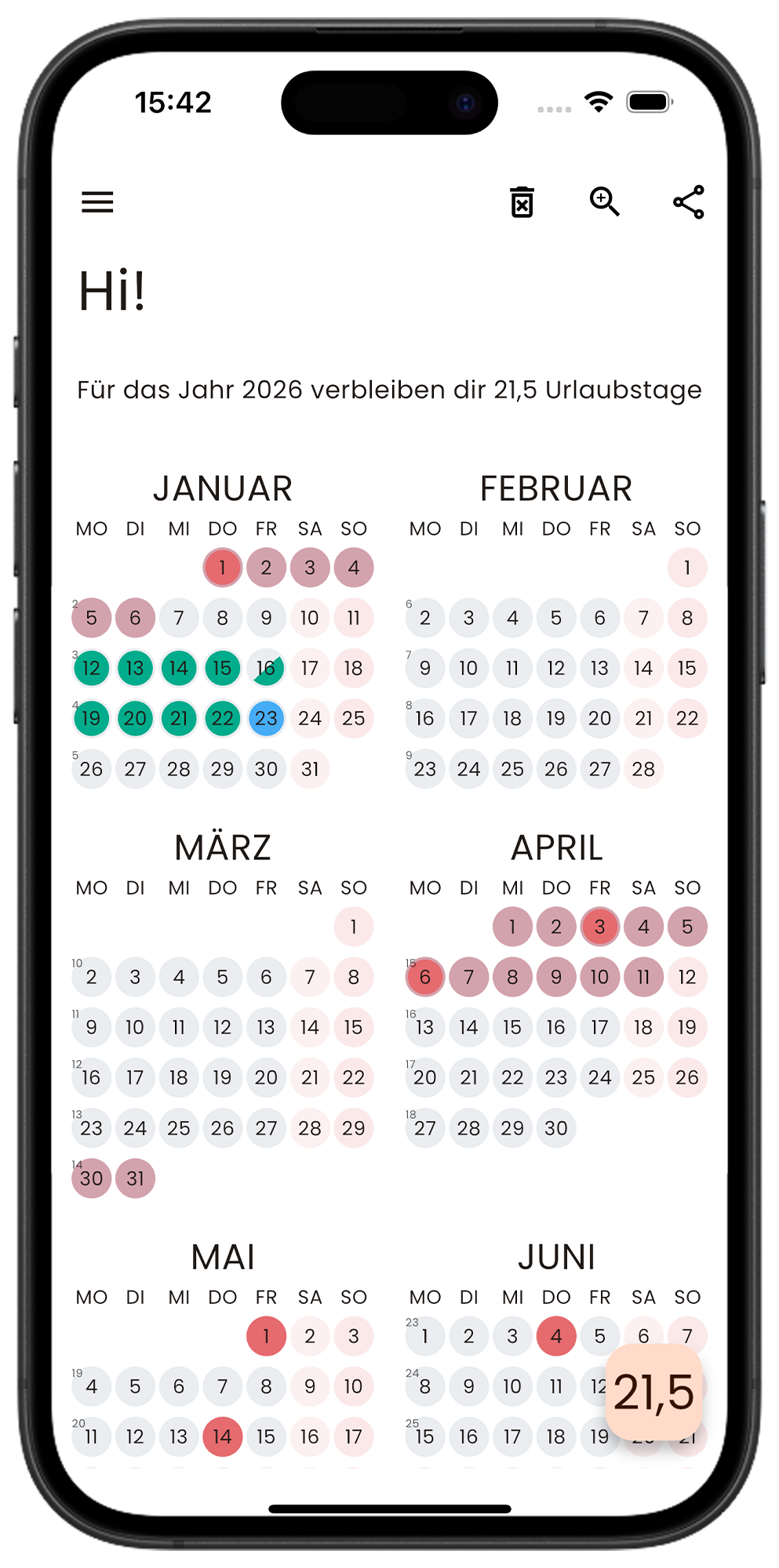 Screenshot der Urlaubsplaner App